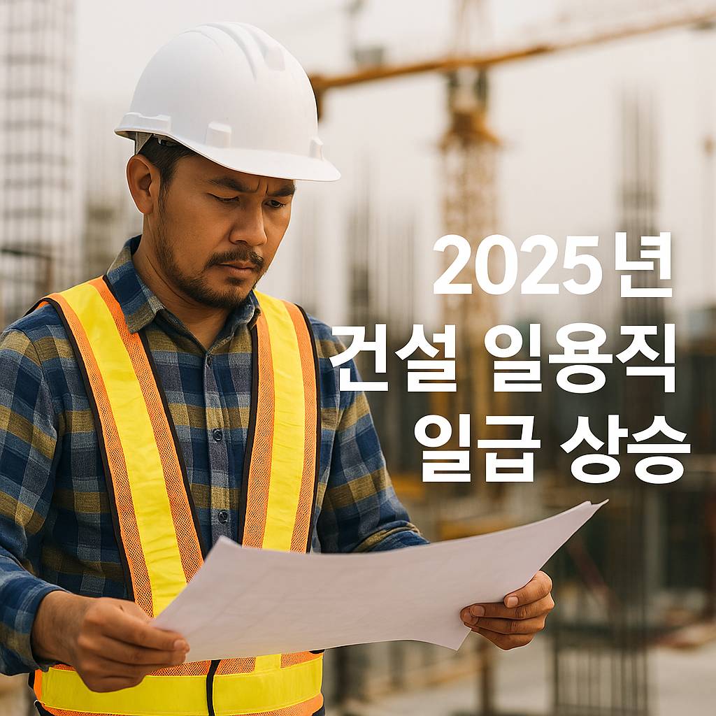 건설 현장에서 도면을 살펴보는 아시아 남성 근로자, 2025년 건설 일용직 일급 상승 강조