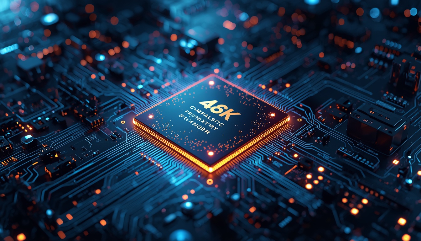 A futuristic semiconductor microchip surrounded by glowing digital circuits in a high-tech data center.
