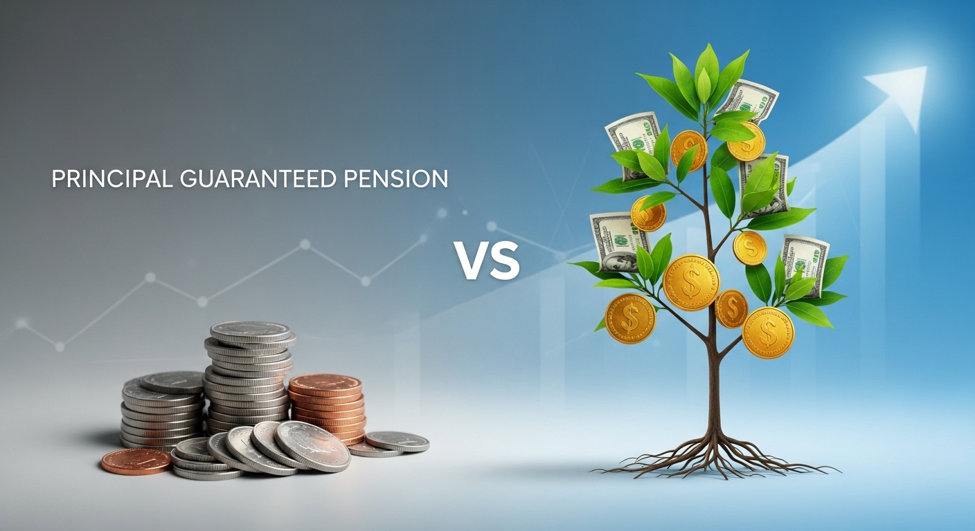 원리금 보장형 퇴직연금과 적극적으로 운용된 IRP/DC형 퇴직연금의 수익률 차이를 시각적으로 보여주는 성장 그래프