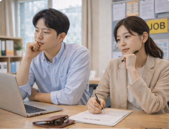 노트북과 이력서를 앞에 두고 진지하게 고민하는 청년 남녀의 모습