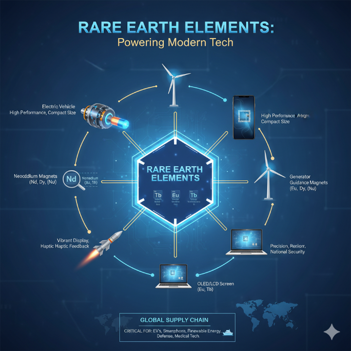 첨단 산업 제품(전기차 모터, 스마트폰 칩 등)과 희토류 원소의 연결고리를 시각화한 인포그래픽