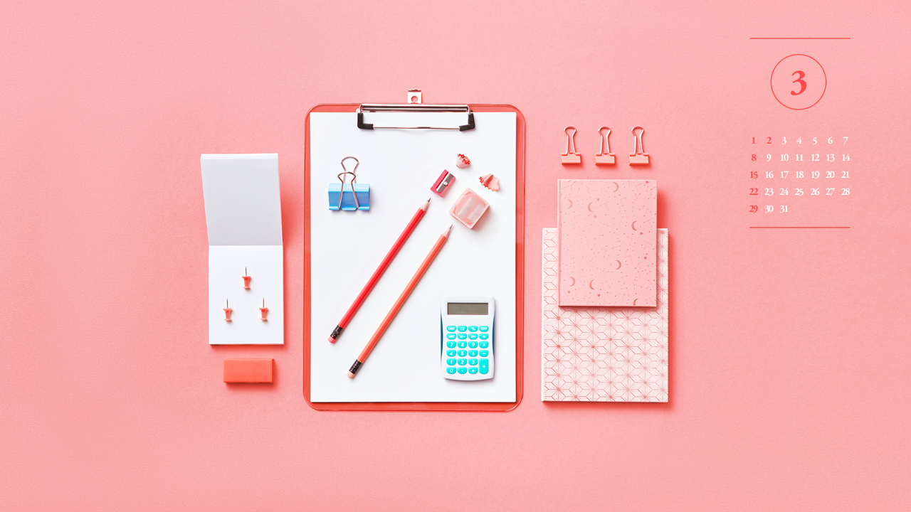 14 클립보드와 문구 A - 2026년3월 달력배경화면