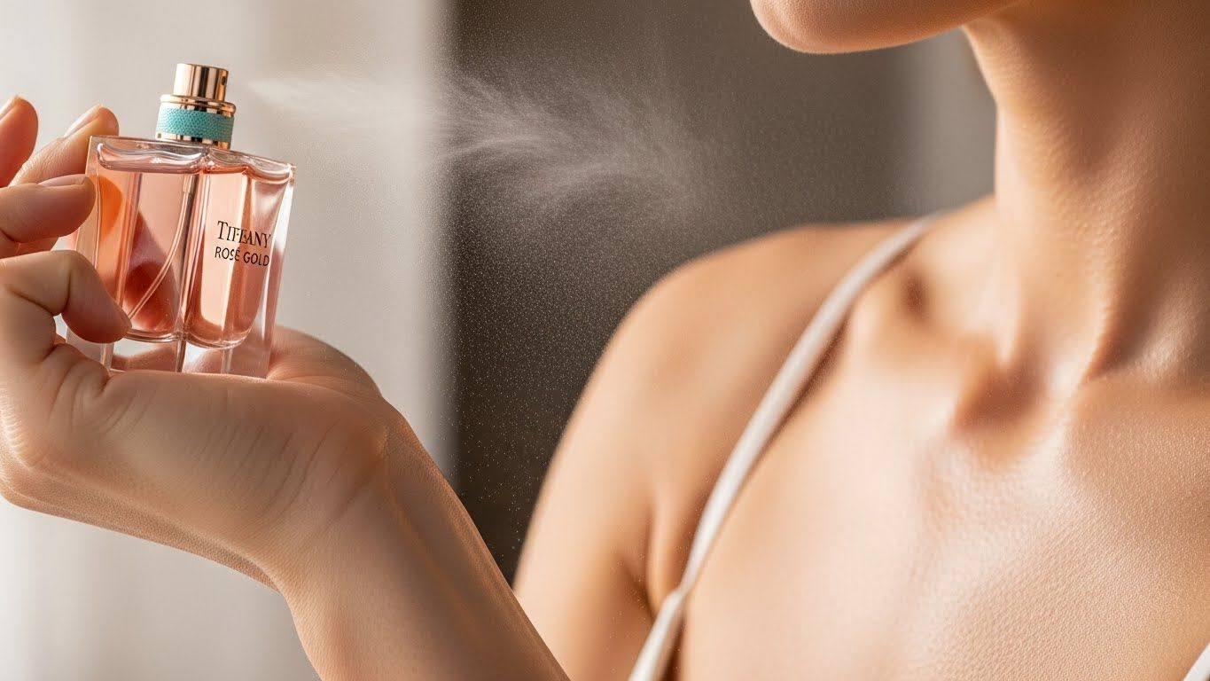 섬세한 향수 스프레이가 보이는 여성의 손목과 데콜레티지를 클로즈업 촬영한 사진입니다.