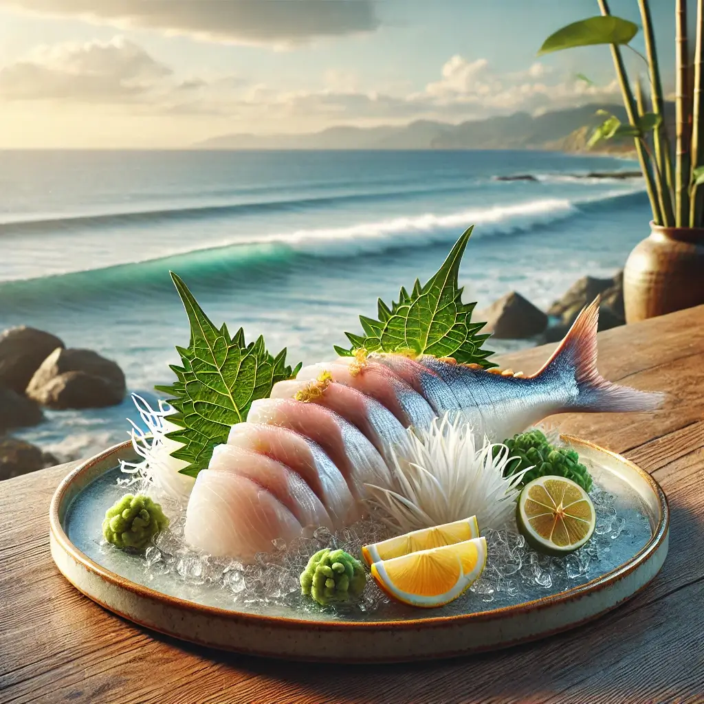 바다를 배경으로 흰살 볼락 회가 담긴 접시