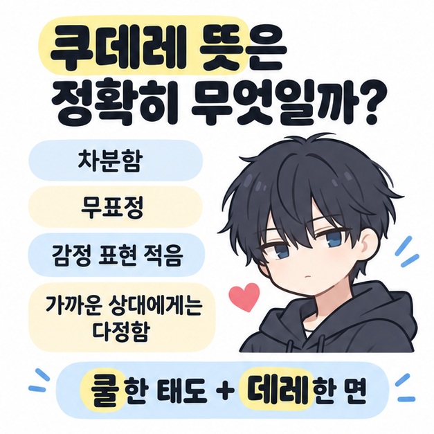 쿠데레의 무표정, 침착함, 가까운 상대에게만 다정함을 정리한 그림