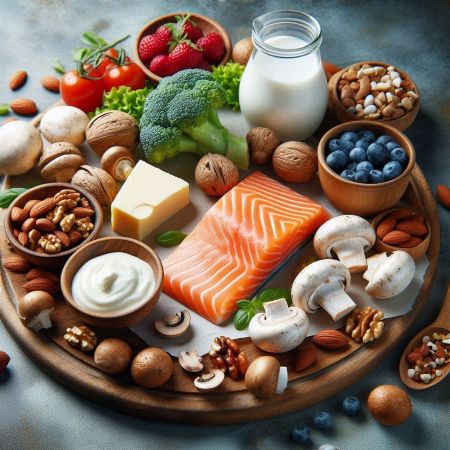 연어, 버섯, 견과류, 유제품 등 비타민D가 풍부한 식품