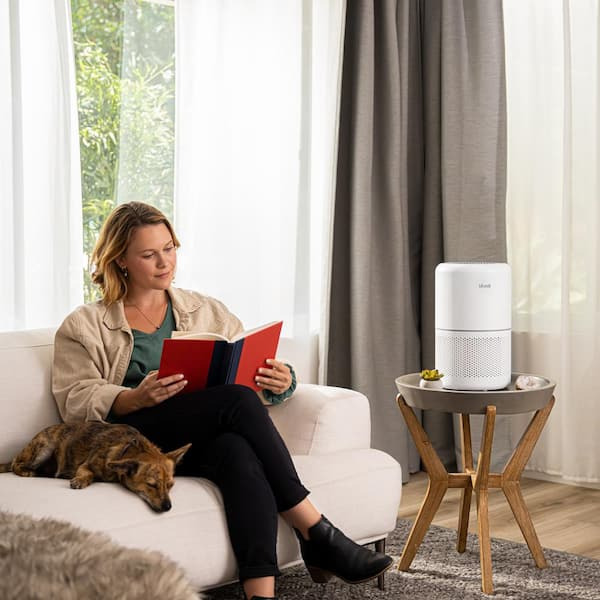 Modern low-power air purifier in a bright living room.