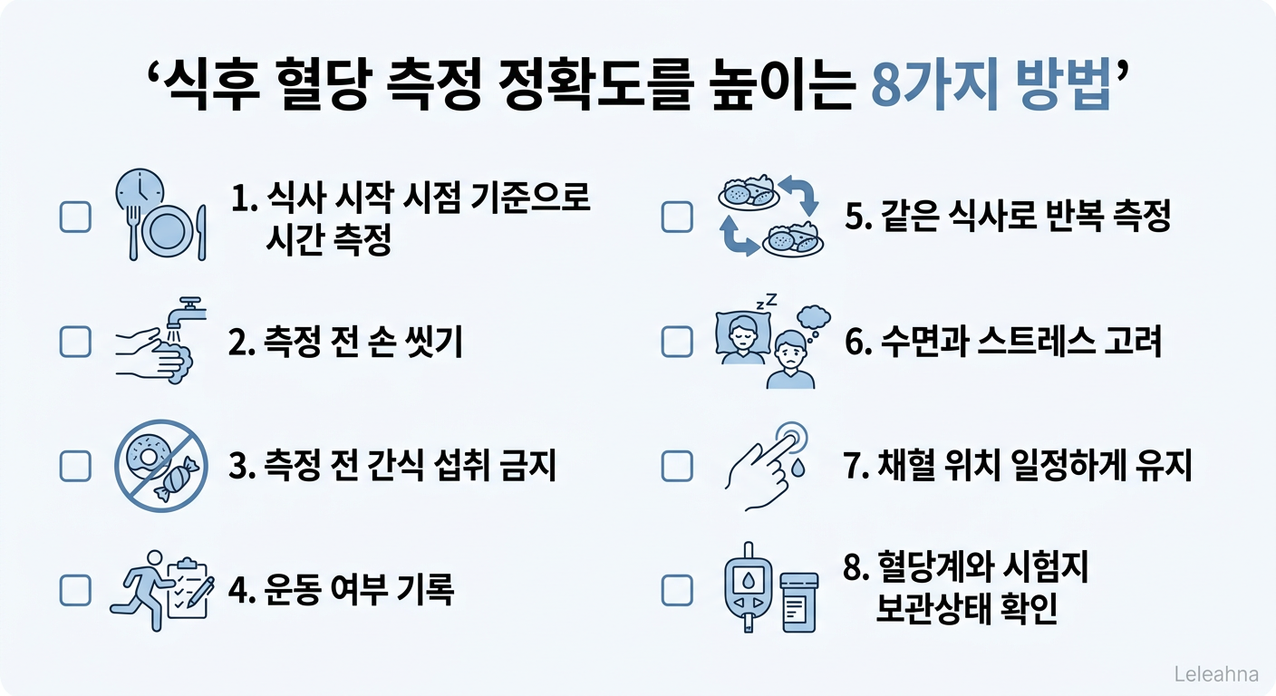 식후 혈당 측정 오차를 줄이는 8가지 체크리스트 인포그래픽