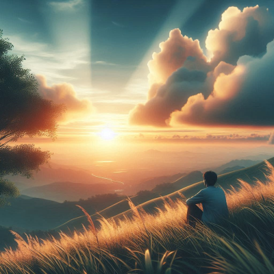 남성이 일몰을 바라보며 자연과 조화를 이루는 모습입니다.