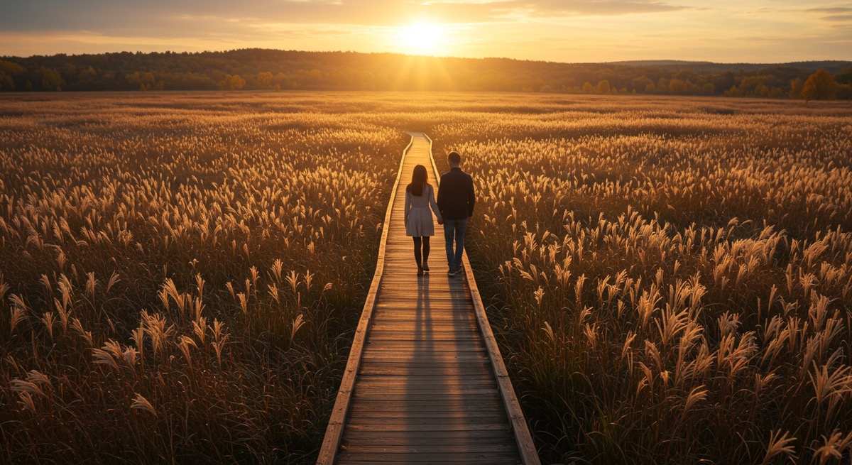 가을 노을 아래 황금빛으로 빛나는 광주 서창억새축제 억새밭 풍경
