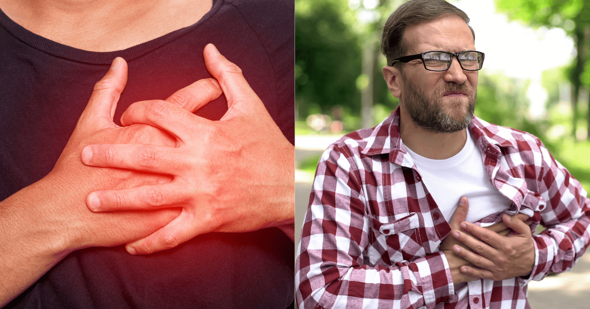 가슴을부여잡는 손과 가슴을 부여잡는 남성