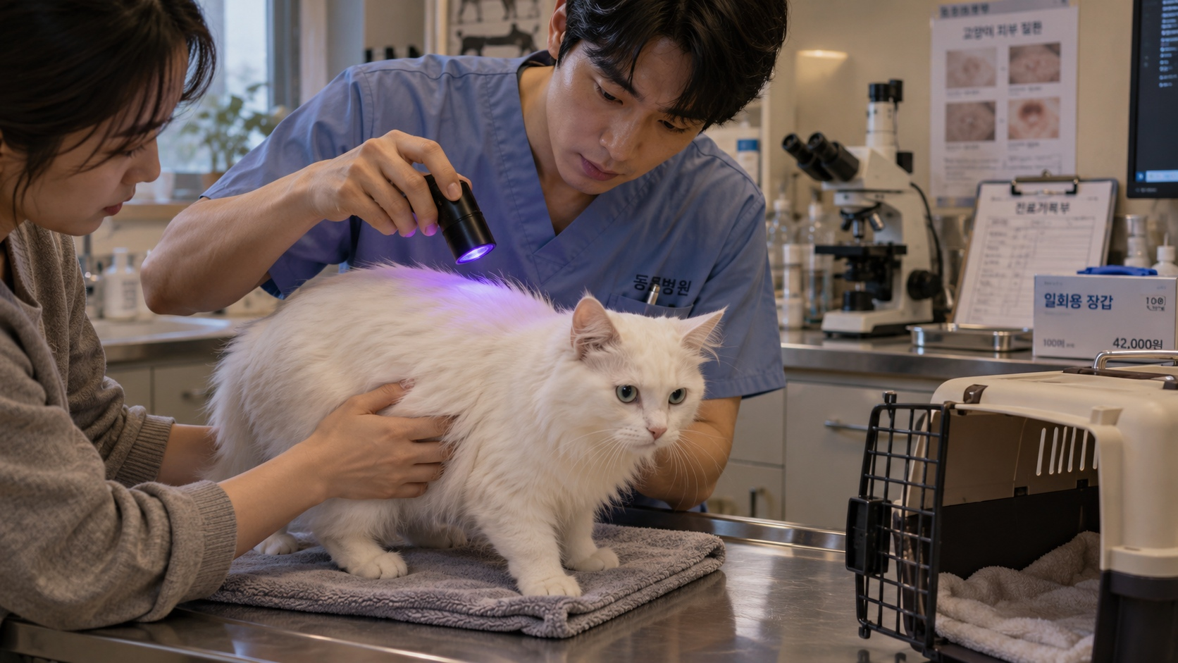 진료대 위 고양이 등에 자외선 램프를 비추는 수의사