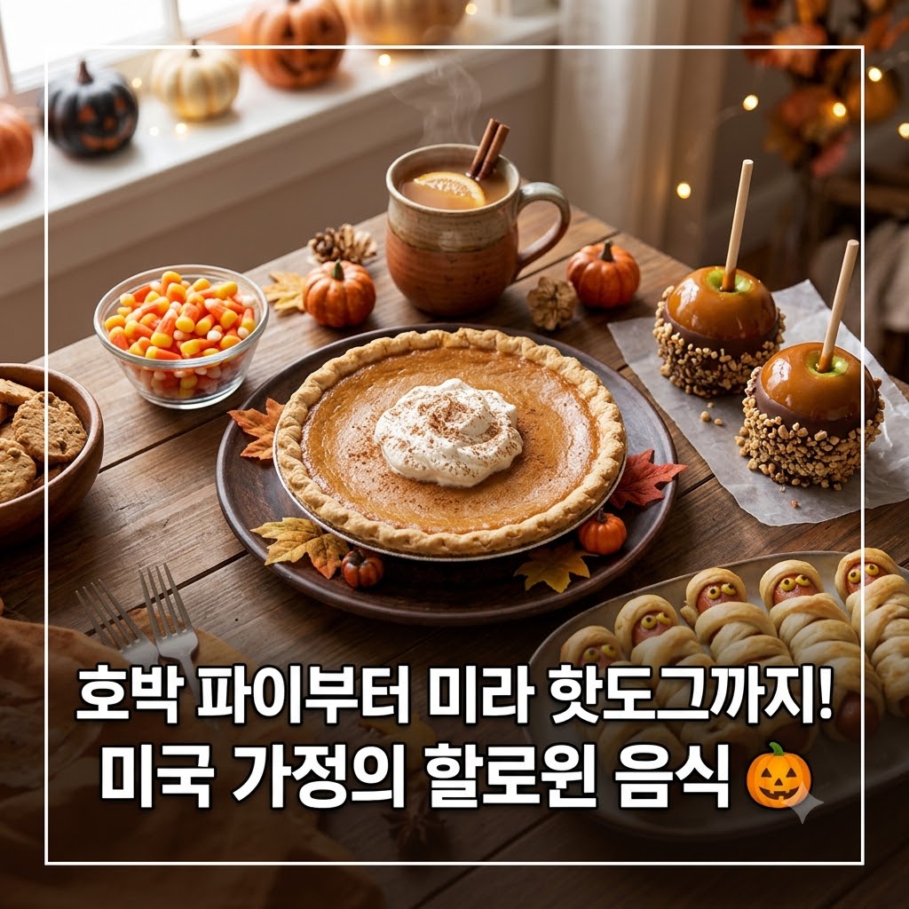 호박 파이, 카라멜 애플, 미라 핫도그 등 다양한 할로윈 음식이 차려진 식탁과 '호박 파이부터 미라 핫도그까지! 미국 가정의 할로윈 음식' 텍스트가 담긴 블로그 썸네일.
