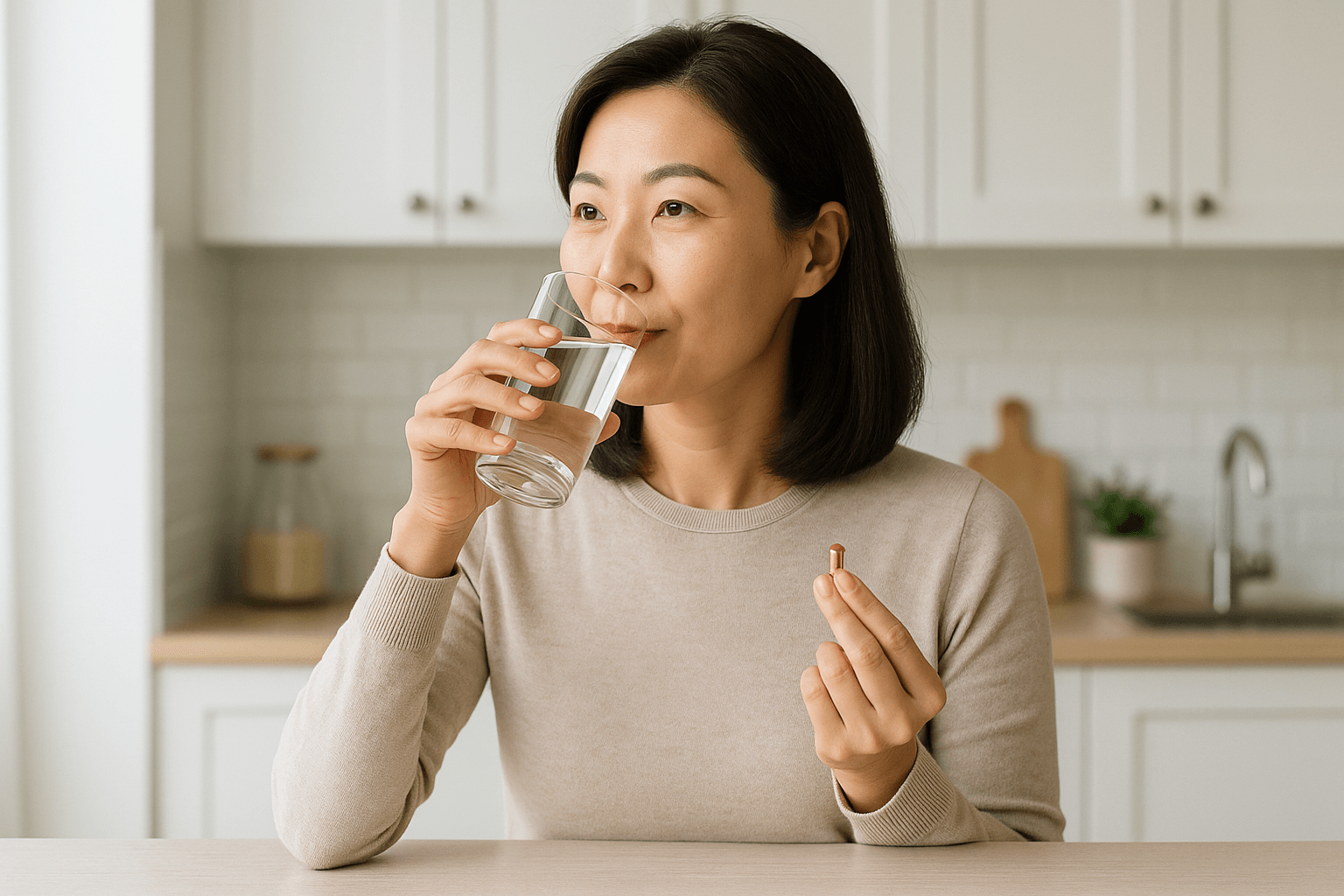 주방에서 물 한 잔과 캡슐을 들고 건강식품을 섭취하는 한국 여성