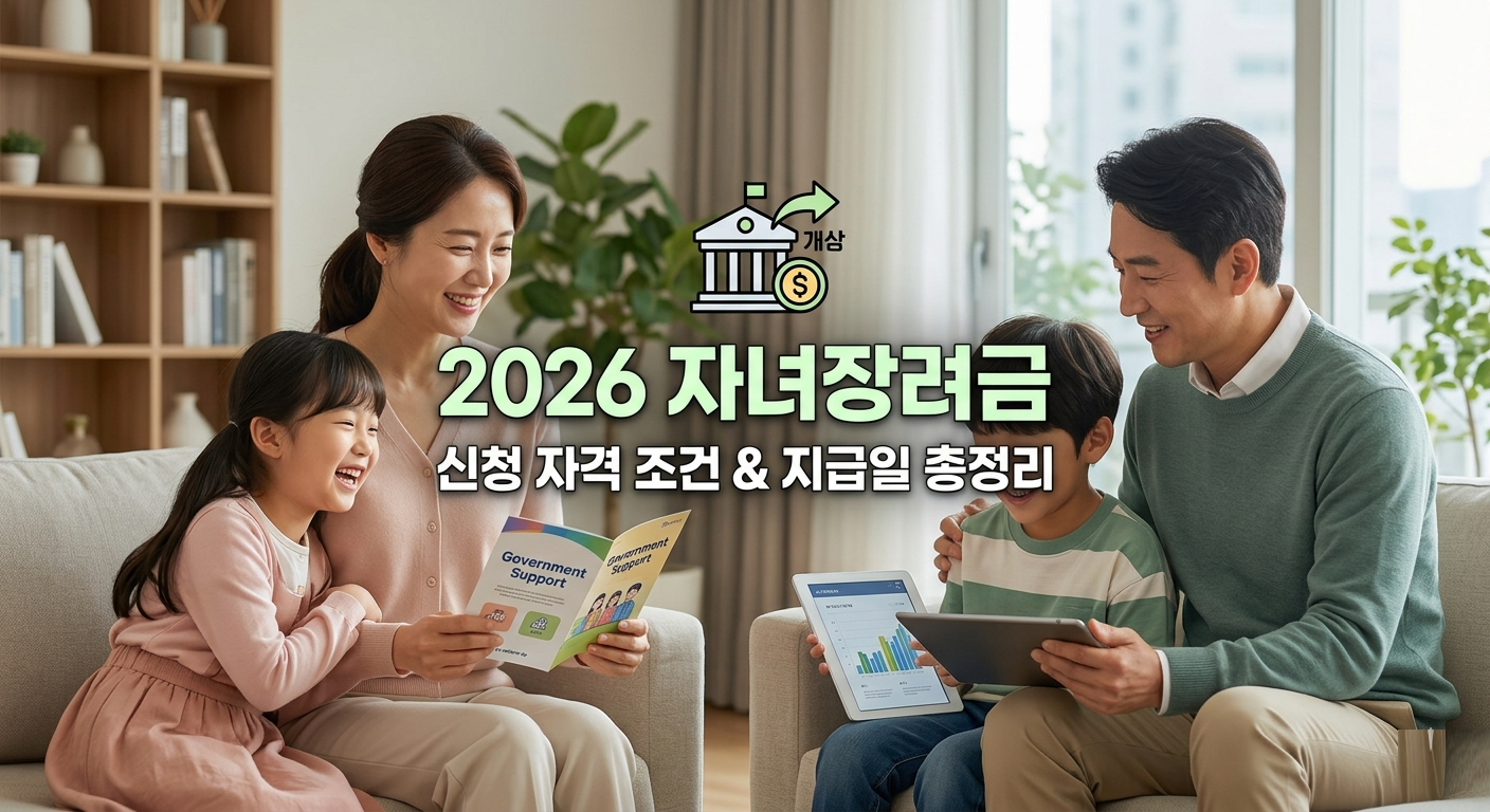 2026년 자녀장려금 신청 자격 조건 및 지급일 일정을 확인하며 미소 짓고 있는 4인 가족의 모습과 정부 지원 혜택을 나타내는 대표 이미지