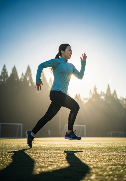 운동장에서 전력질주하는 한국 여성의 모습