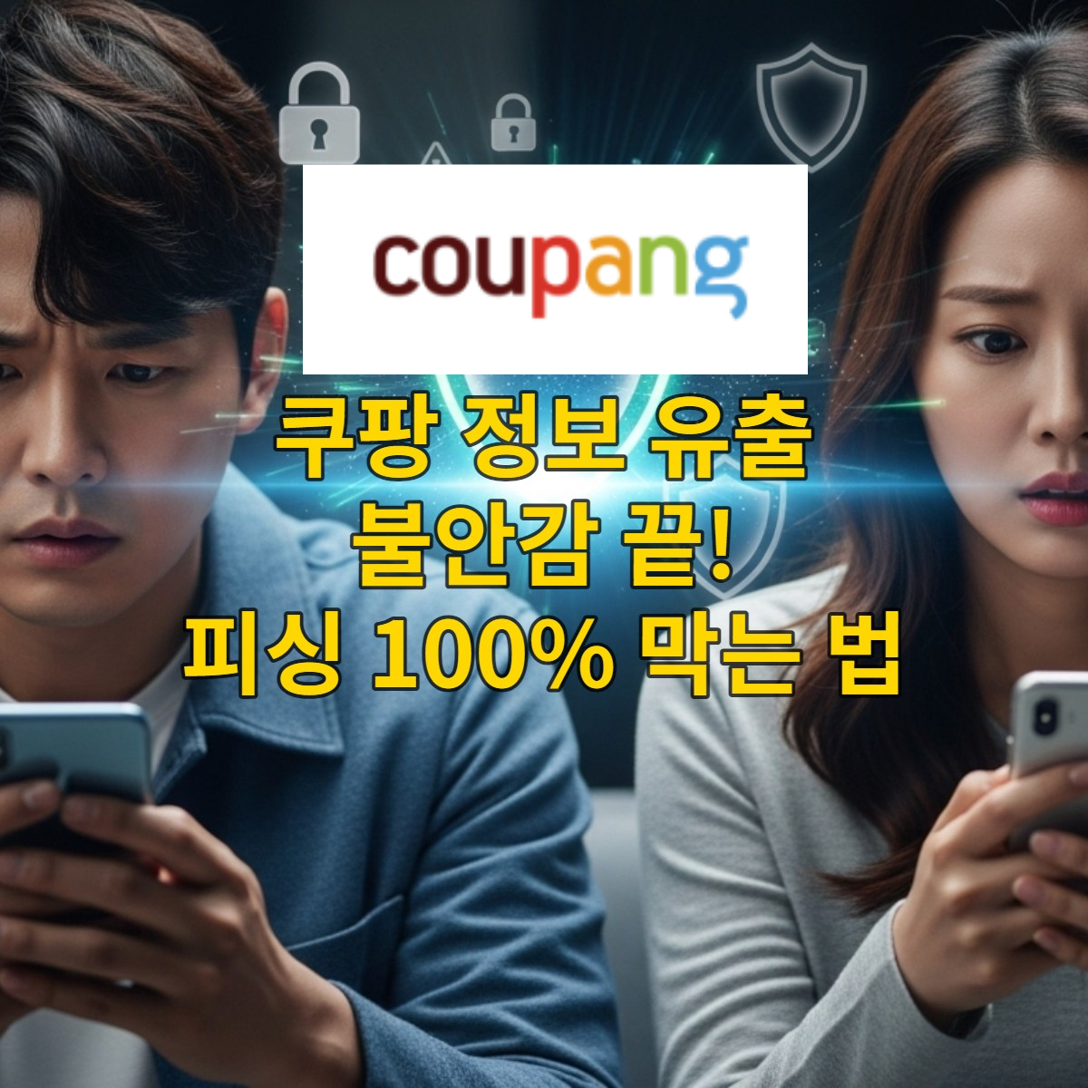 쿠팡 정보 유출로 불안해하는 사람들이 스마트폰을 보며 개인정보 보호 조치를 취하는 모습.