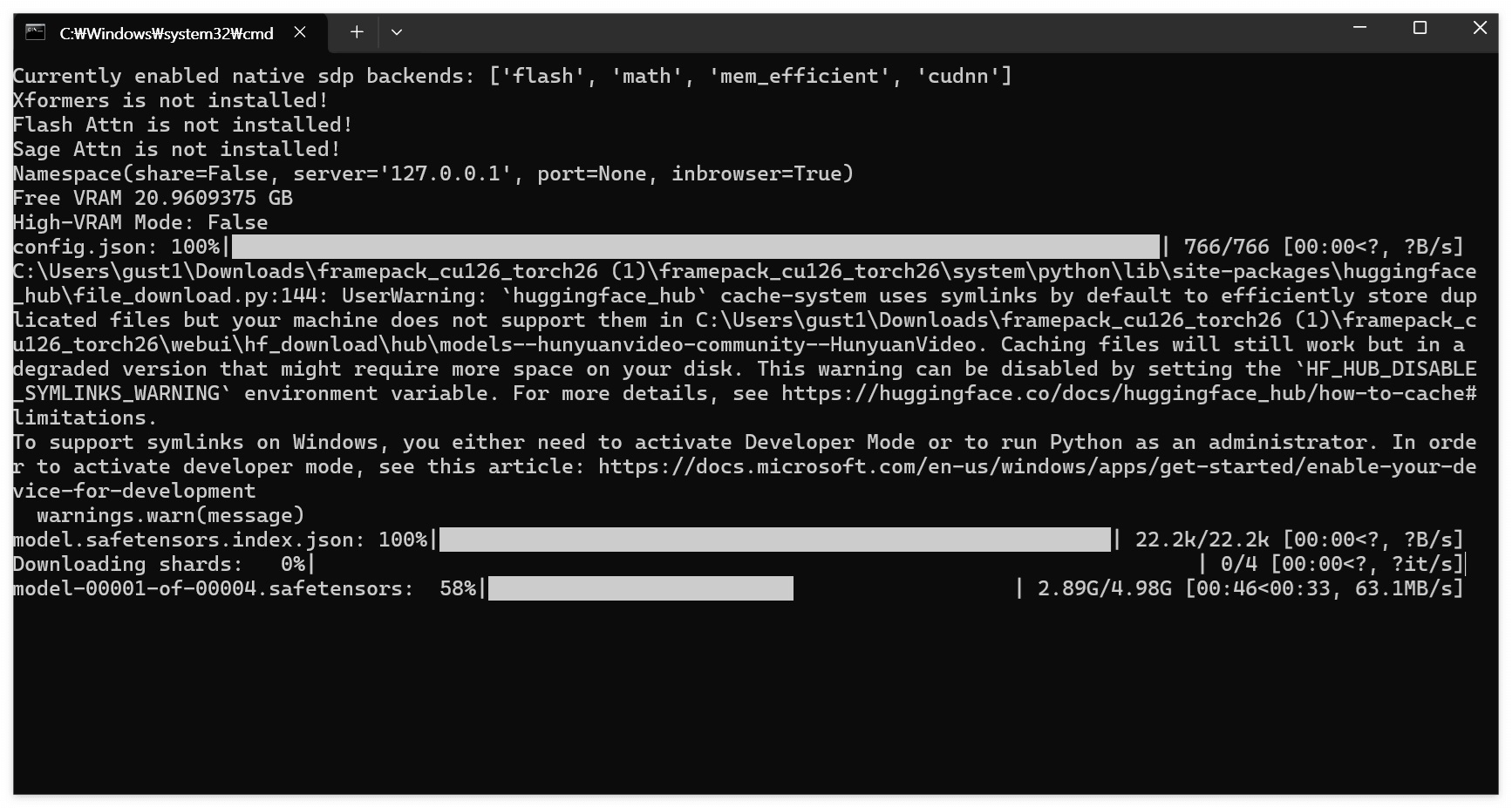 FramePack run.bat을 처음 실행하면 자동으로 필요한 모델을 다운로드 진행합니다.