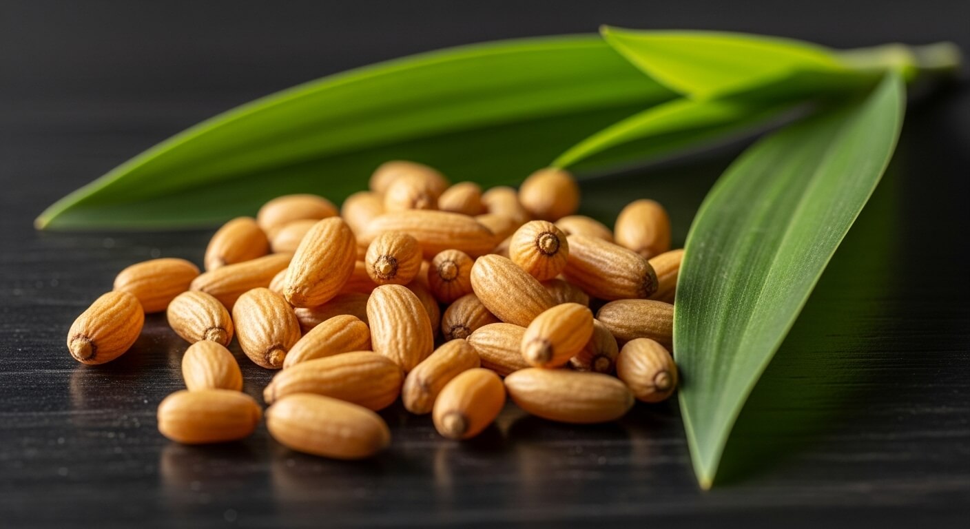 나무결 위에 올려진 황갈색 맥문동 건약재