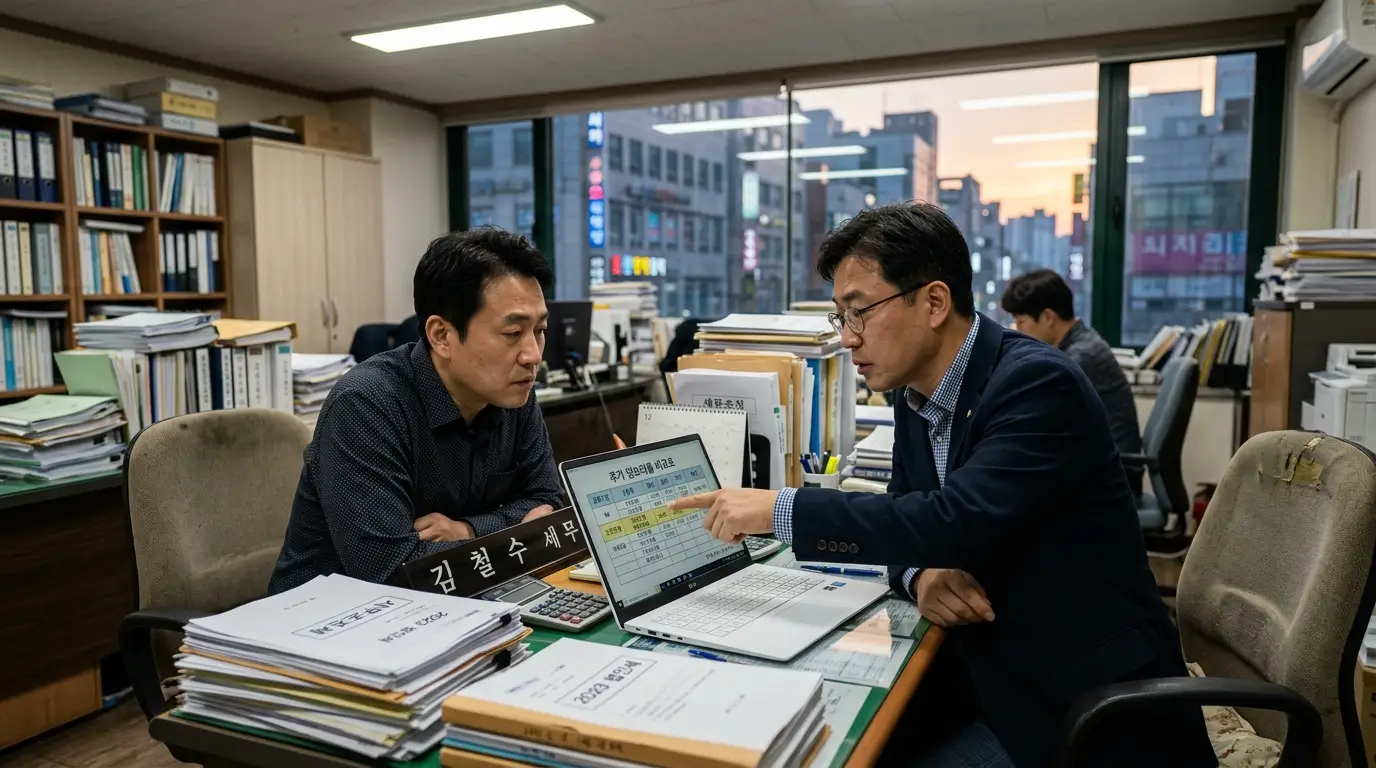 세무사 사무실 내부 책상 위에서 노트북 화면에 띄워진 추가 담보 대출 비교표를 보며 진지하게 대화하는 두 남성