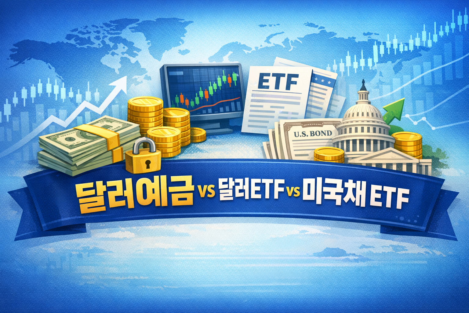 달러예금과 달러ETF, 미국채 ETF를 비교하는 금융 썸네일 이미지로 달러 지폐, ETF 문서, 미국 국채와 상승 그래프가 함께 표현된 장면