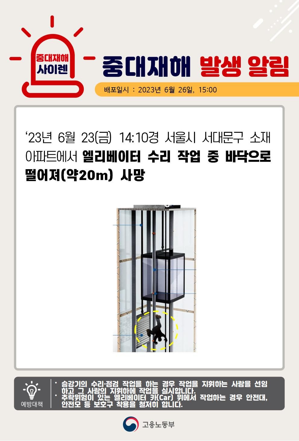 엘리베이터 수리 작업 중 바닥으로 떨어짐(약20m)