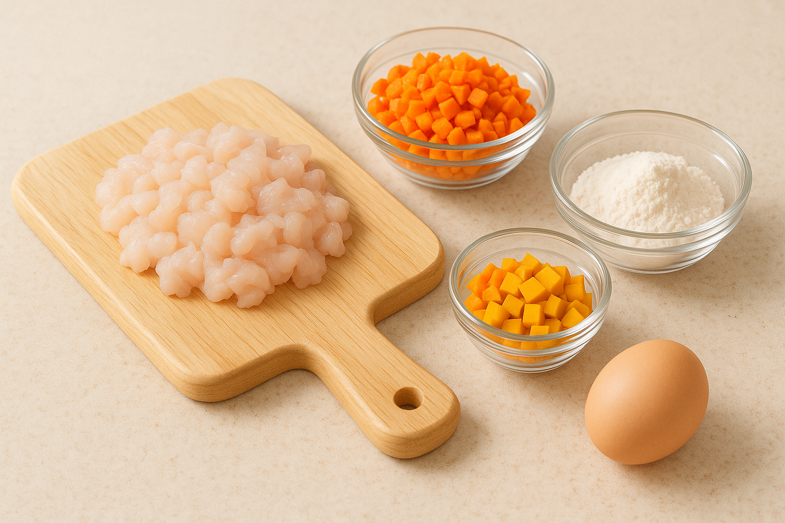 손질된 닭가슴살, 다진 채소, 계란, 쌀가루가 정갈하게 놓인 재료 사진