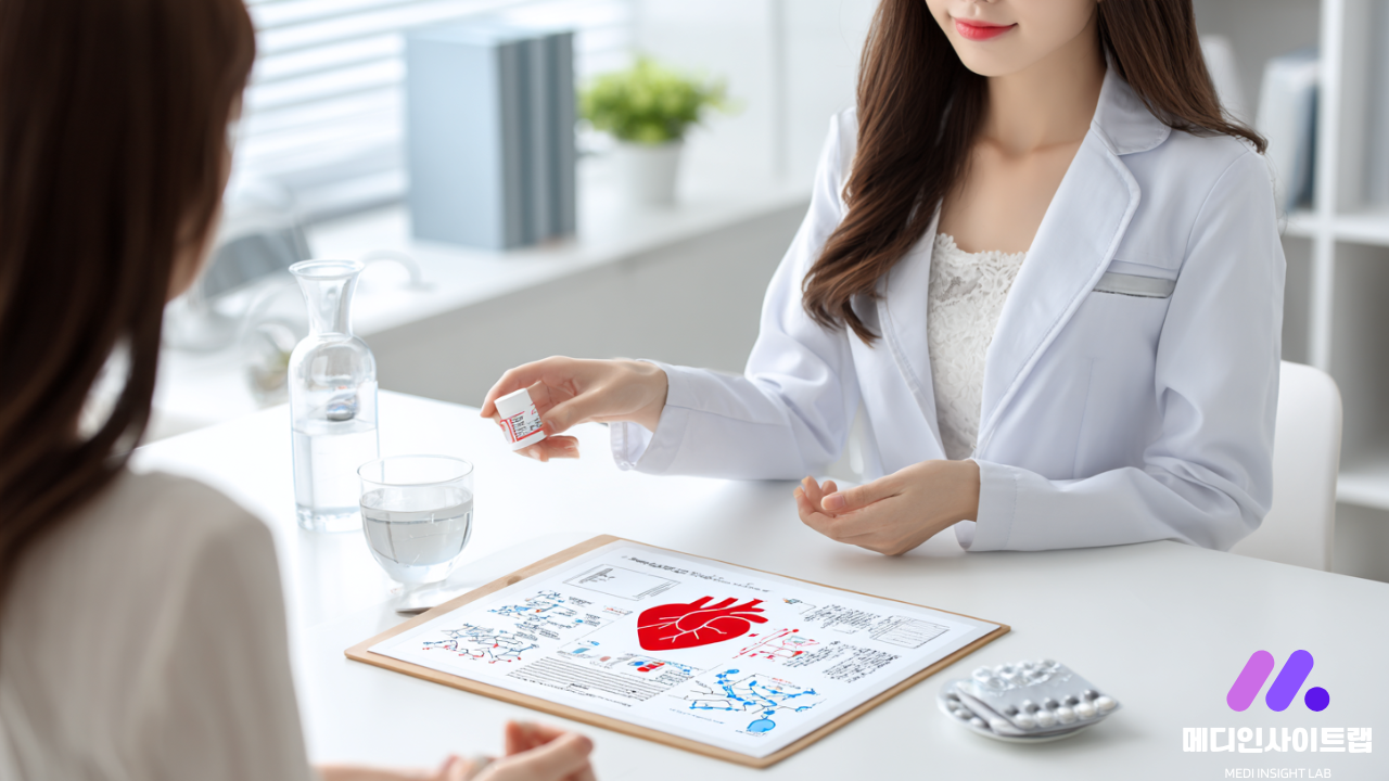 깨끗한 밝은 진료실 상담 테이블 위에 흰색 원형 정제와 약 포장 상자