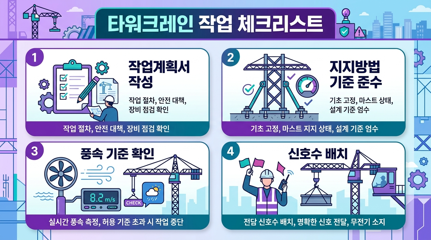 타워크레인 작업 체크리스트 4가지를 보여주는 그리드 &mdash; 작업계획서, 지지방법, 풍속, 신호수