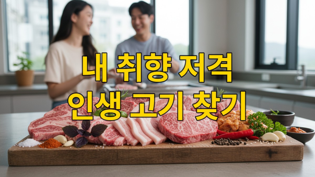 신선한 프리미엄 한돈과 소고기 특수부위가 먹음직스럽게 담겨 있는 목재 도마.