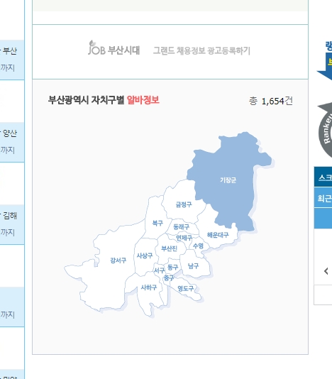 부산광역시 자치구별 아르바이트 정보 현황 지도