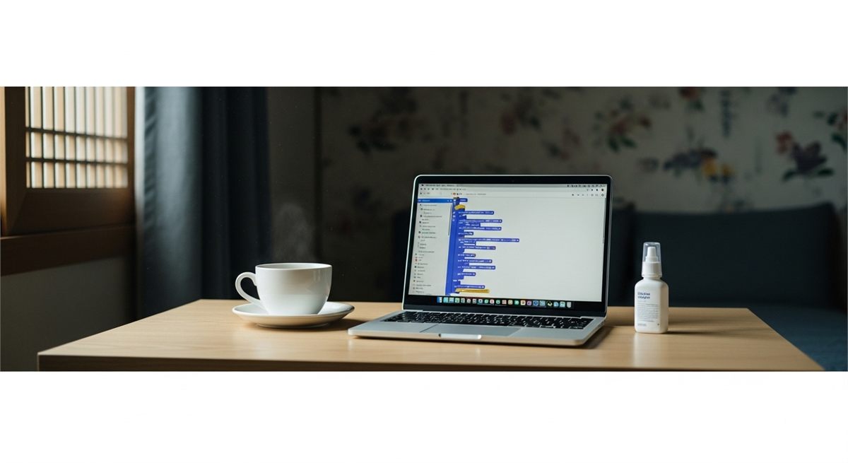 커피와 노트북, 인공눈물로 흔한 눈떨림 원인을 상징한 장면