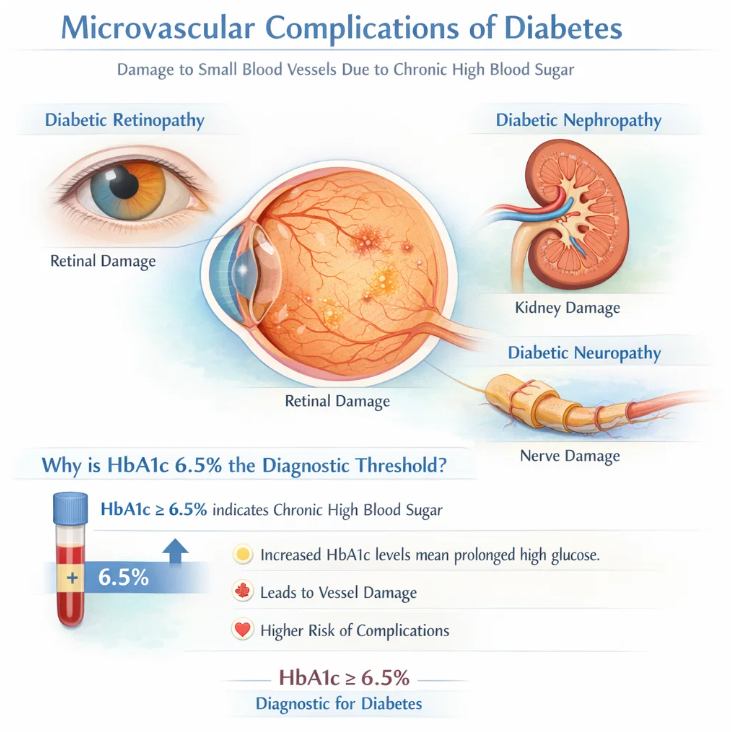당화혈색소 상승으로 발생하는 당뇨 미세혈관 합병증(망막병증, 신장병증, 신경병증) 도식