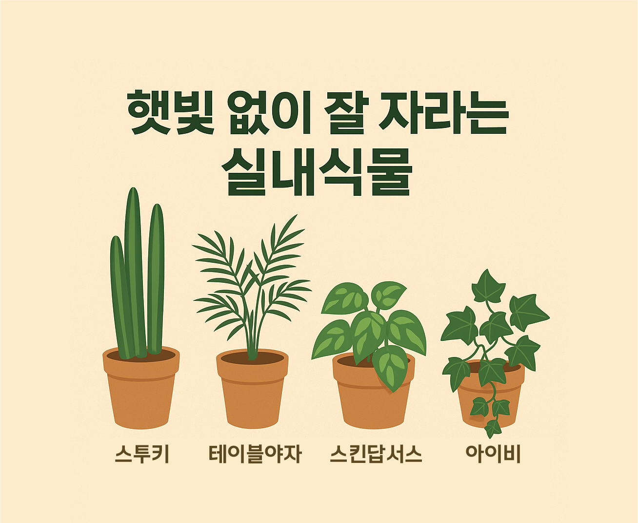 '햇빛 없이 잘 자라는 실내식물' 이라는 텍스트와 식물들의 그림이 그려진 인포그래픽 스타일 이미지