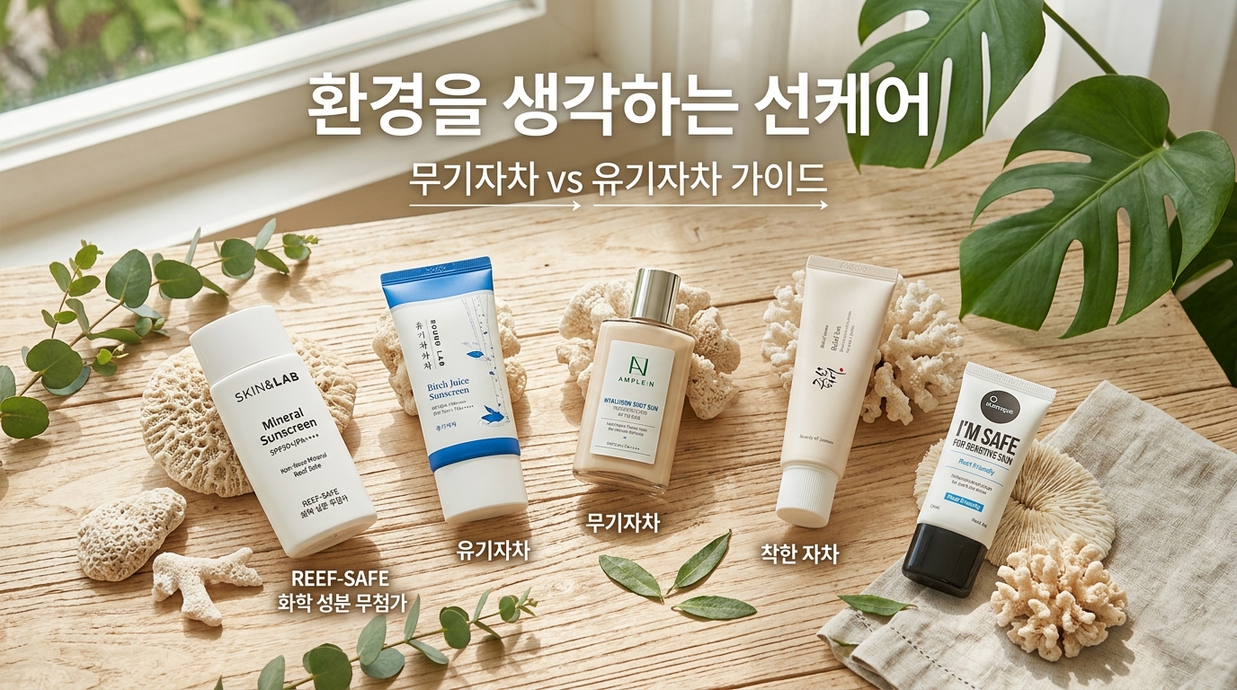 산호초와 나뭇잎 등 자연 친화적인 오브제와 함께 배치된 다양한 친환경(Reef-safe) 선크림 제품들. '환경을 생각하는 선케어', '무기자차 vs 유기자차 가이드'라는 문구가 적혀 있어 피부 건강과 환경 보호를 동시에 고려하는 최신 선케어 트렌드를 보여줌.