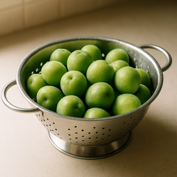 세척된 매실이 담겨있는 스텐바구니