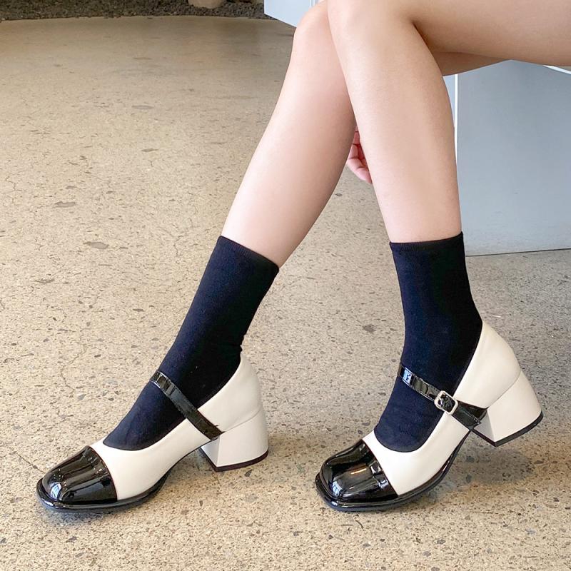 소보제화 에나멜 가죽 투톤 배색 발편한 여자 통굽 구두 메리제인 펌프스 힐 5cm