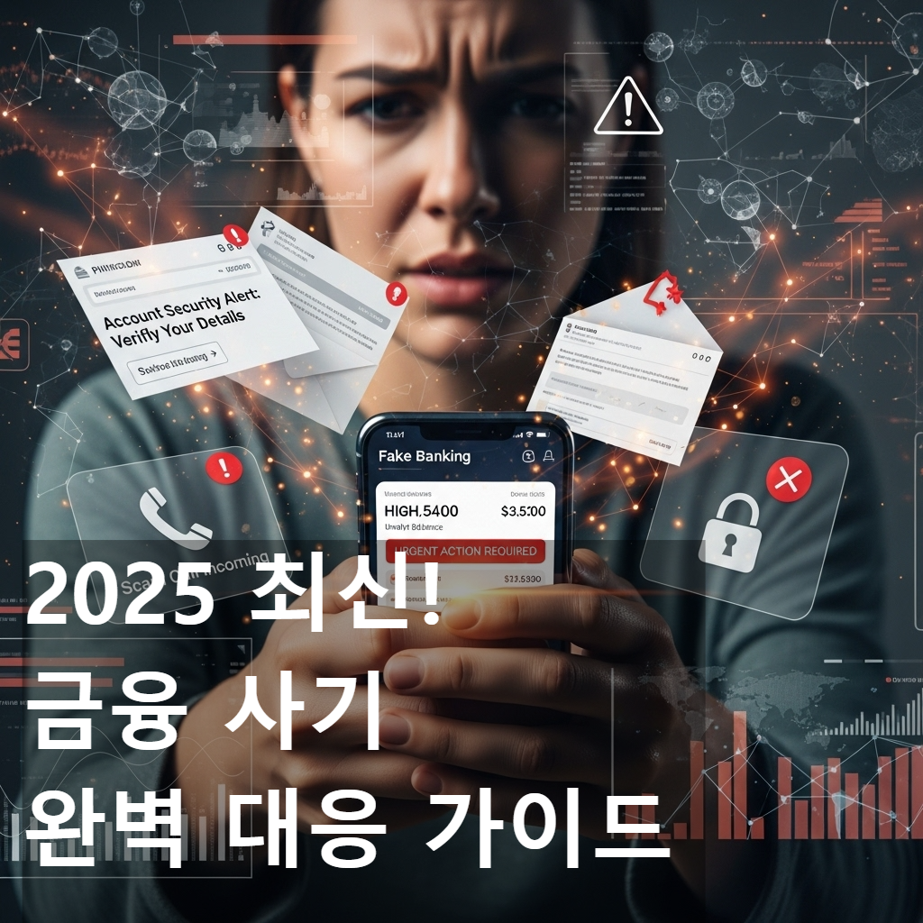 2025년 진화하는 금융 사기 유형을 경고하며 스마트폰을 불안하게 들여다보는 사람의 모습, 다양한 디지털 위협 요소가 주변을 감싸고 있음.