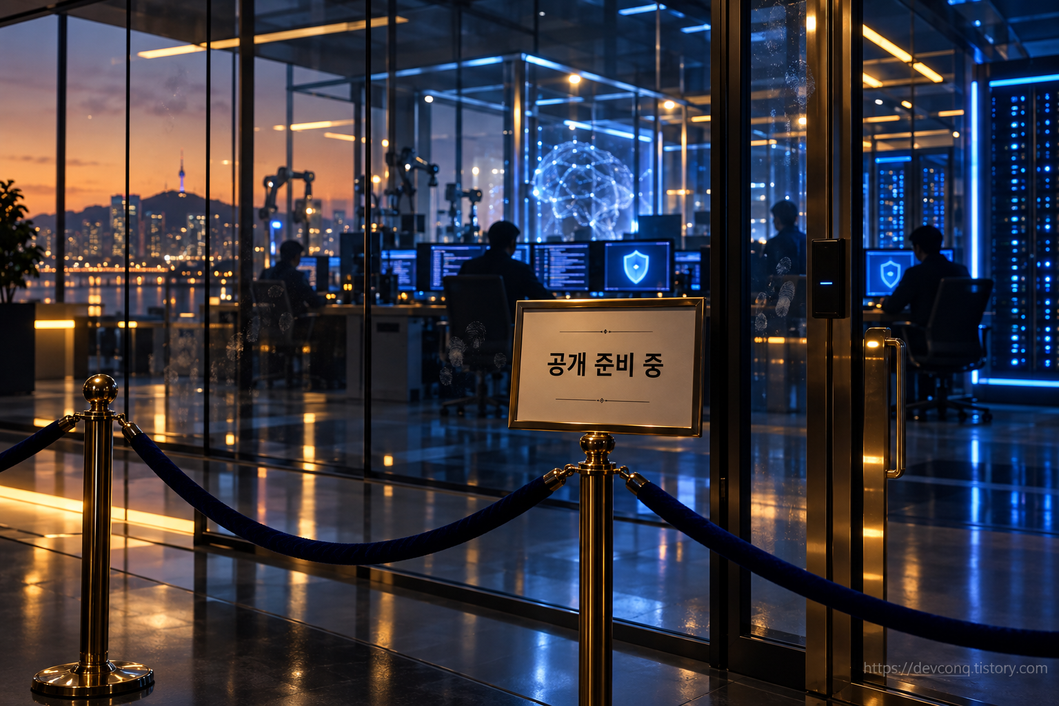 유리벽 연구실 앞 벨벳 줄과 공개 준비 중 팻말, 안쪽에서 보안 엔지니어들이 일하는 장면