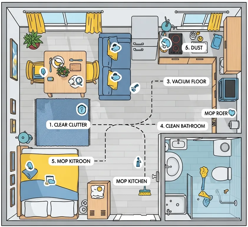 원룸 청소 동선 한 방향 이동