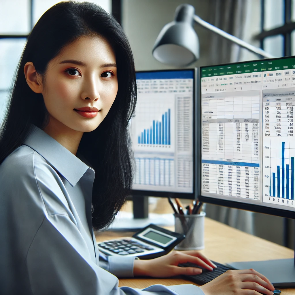 30대 초반의 한국 직원이 이중 모니터가 있는 사무실에서 고급 엑셀 기능을 사용해 데이터 시각화 및 보고서를 작업하며, 전문적이고 집중된 표정을 짓고 있는 모습