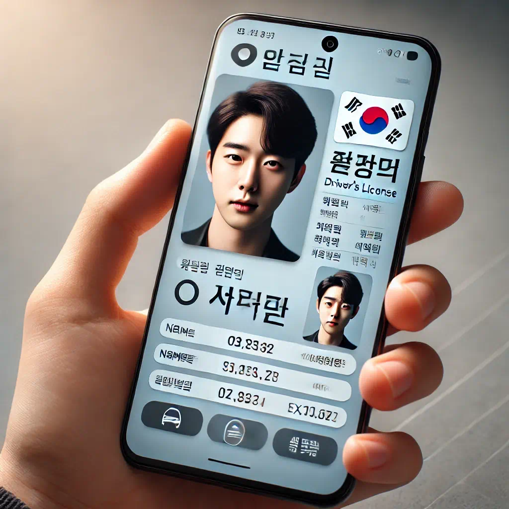 남성의 모바일 운전면허증을 손에 쥐고 보고있는 모습