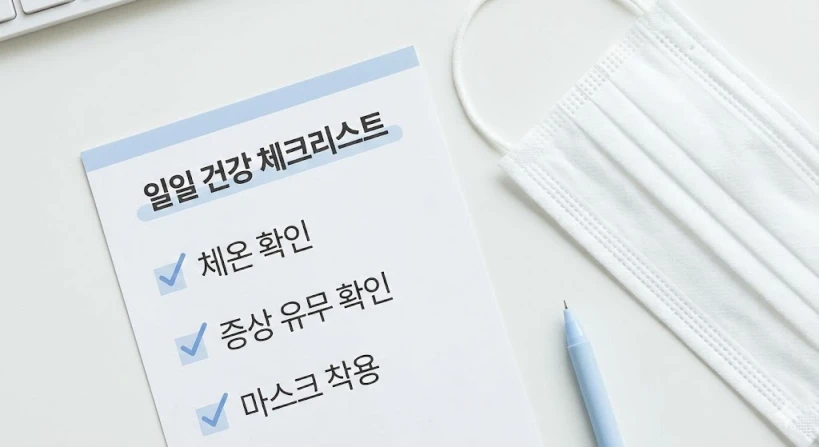 하얀 책상 위에 하얀색 마스크와 '건강 체크리스트' 카드가 단정하게 놓여 있는 항공샷(탑뷰) 이미지입니다. 체크리스트에는 3개의 항목이 체크되어 있어 오늘 배운 내용을 실천하겠다는 의지를 보여줍니다. 전체적으로 정돈되고 깔끔한 느낌의 요약 이미지입니다.