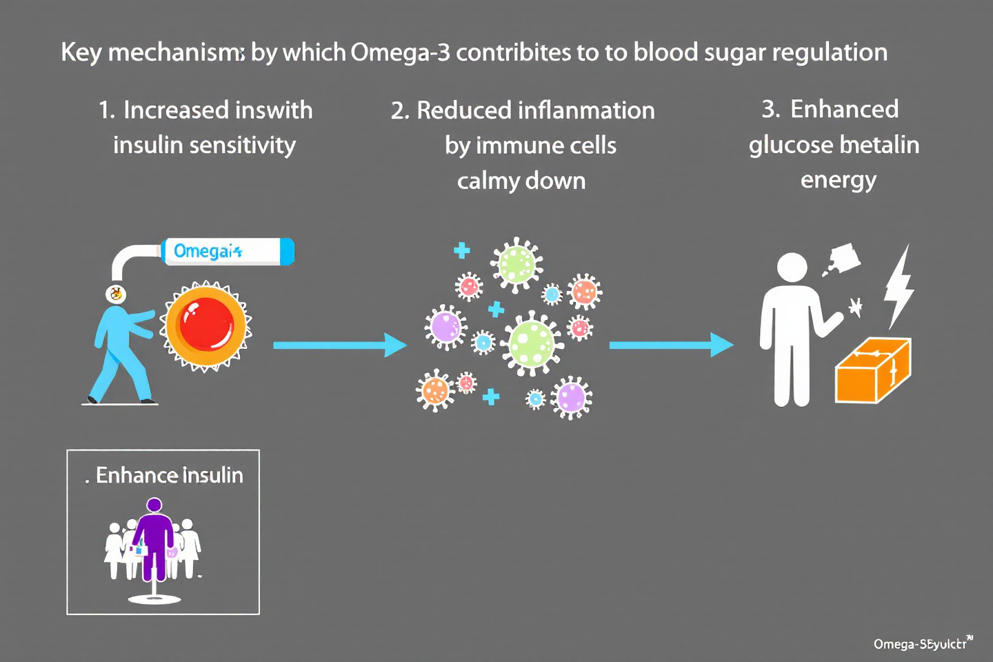 오메가-3가 혈당 조절에 기여하는 주요 작용 기전을 요약한 다이어그램"