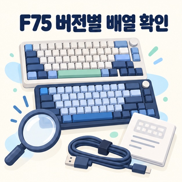 서로 다른 소형 키보드 배열과 돋보기로 F75 제품 버전을 확인하는 모습