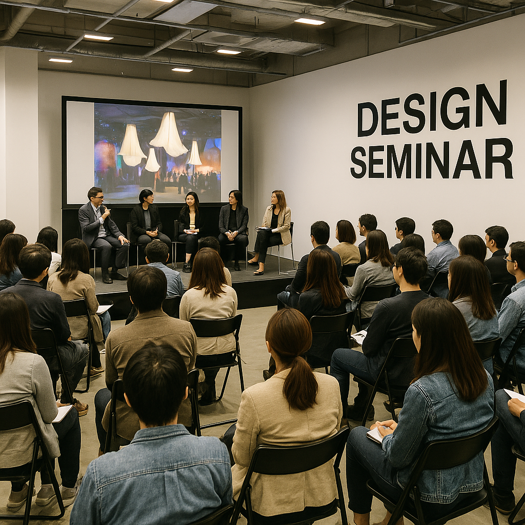 ‘DESIGN SEMINAR’ 문구가 적힌 무대에서 다섯 명의 패널이 토론하고, 청중들이 집중해 듣고 있는 장면, 발표 화면에 조명 연출이 비친 모습.