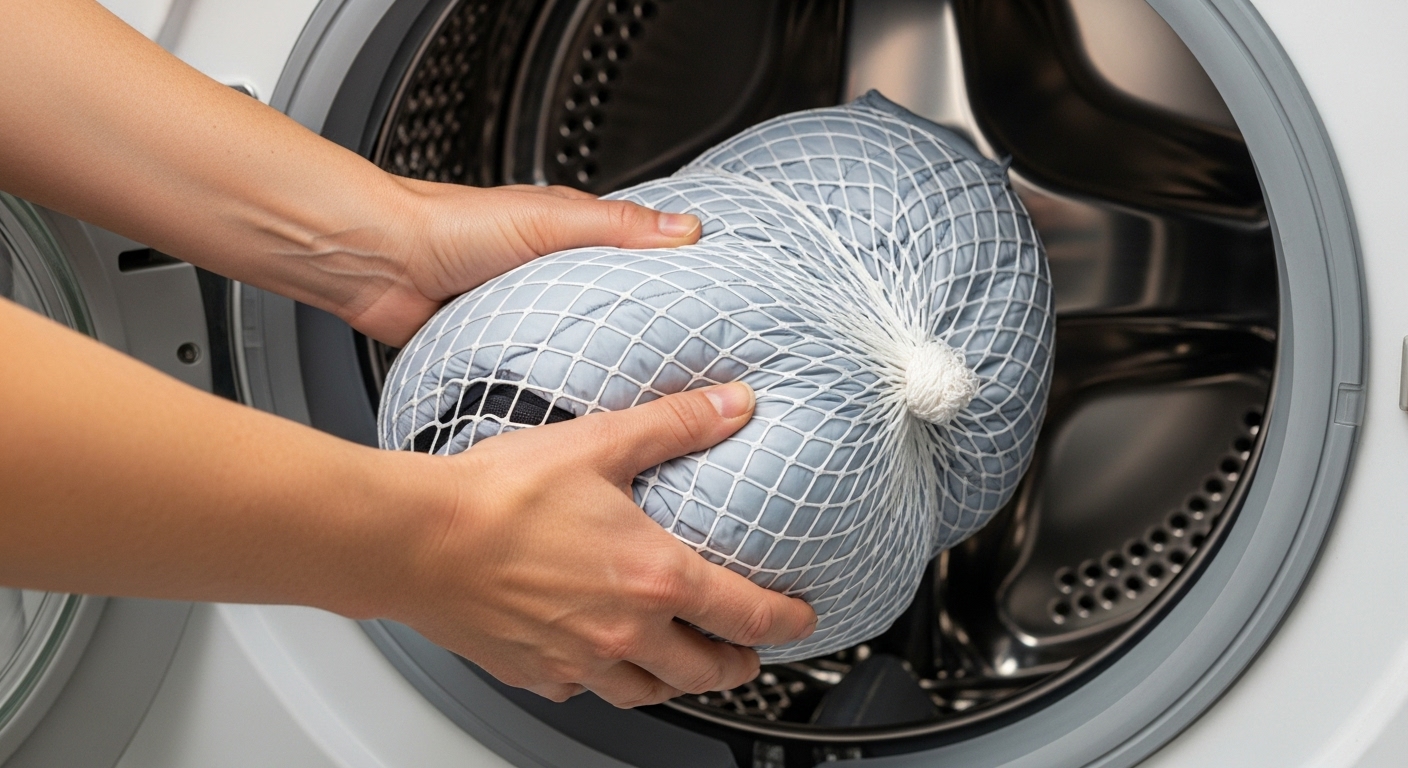 세탁망에 경량패딩을 넣어 세탁기에 넣는 모습