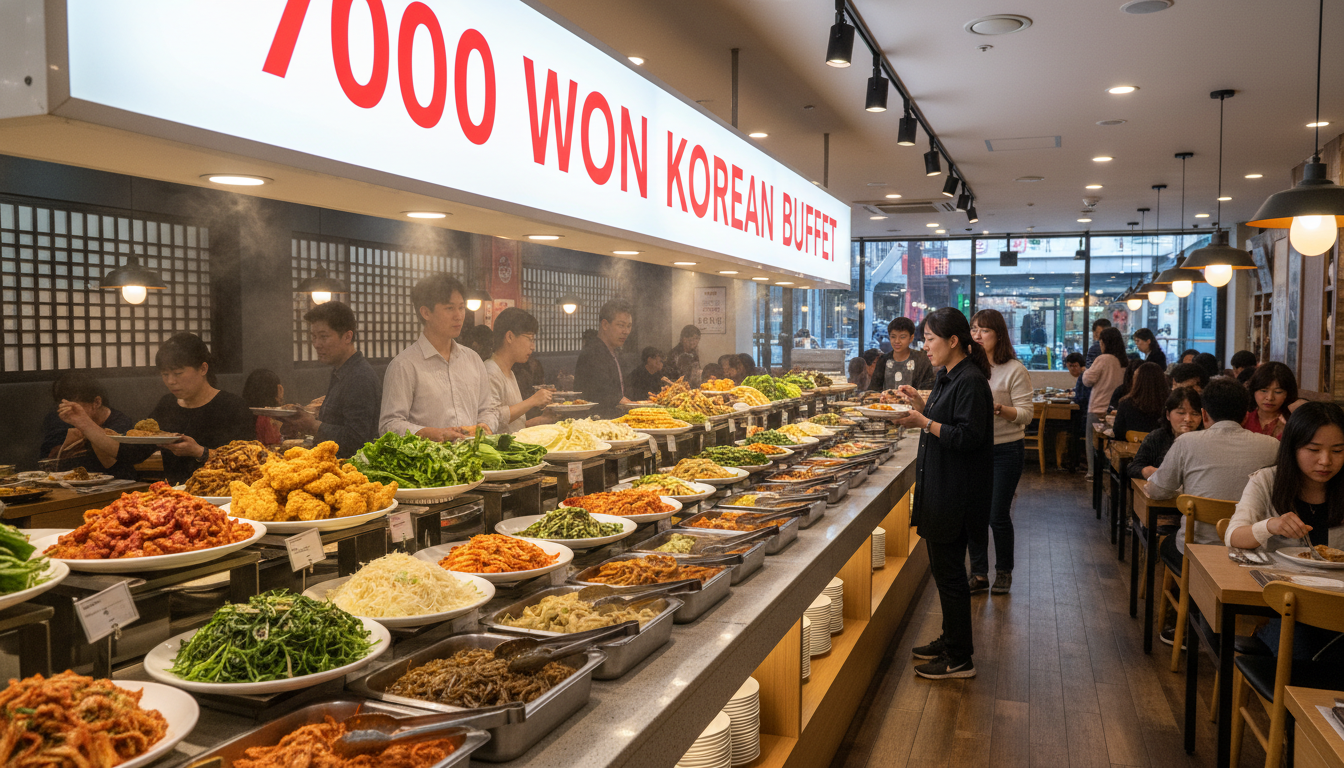EBS 극한직업에 방영된 7천 원 가성비 한식 뷔페의 먹음직스러운 다양한 반찬과 식당 내부 전경