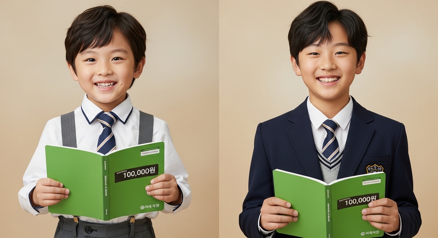 8살 아이와 13살 아이가 활짝 웃으며 10만 원이 입금된 통장을 들고 있는 모습