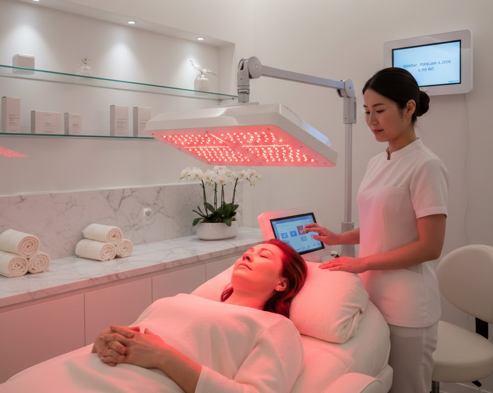 레드라이트를 이용해 피부 관리를 하고 있는 여성